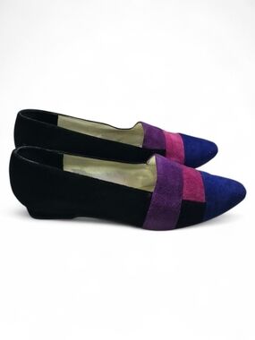Black Pointed-Toe Flats with Purple and Blue Accents
